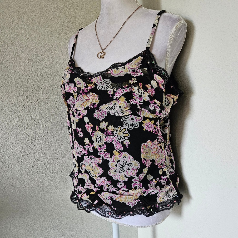 Vision Apparel Silk Paisley Floral Cami Top Lace Sequin Y2k